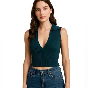 House Of Harlow 1960 Deep Teal Ribbed Collared Cropped Top M (NWT)